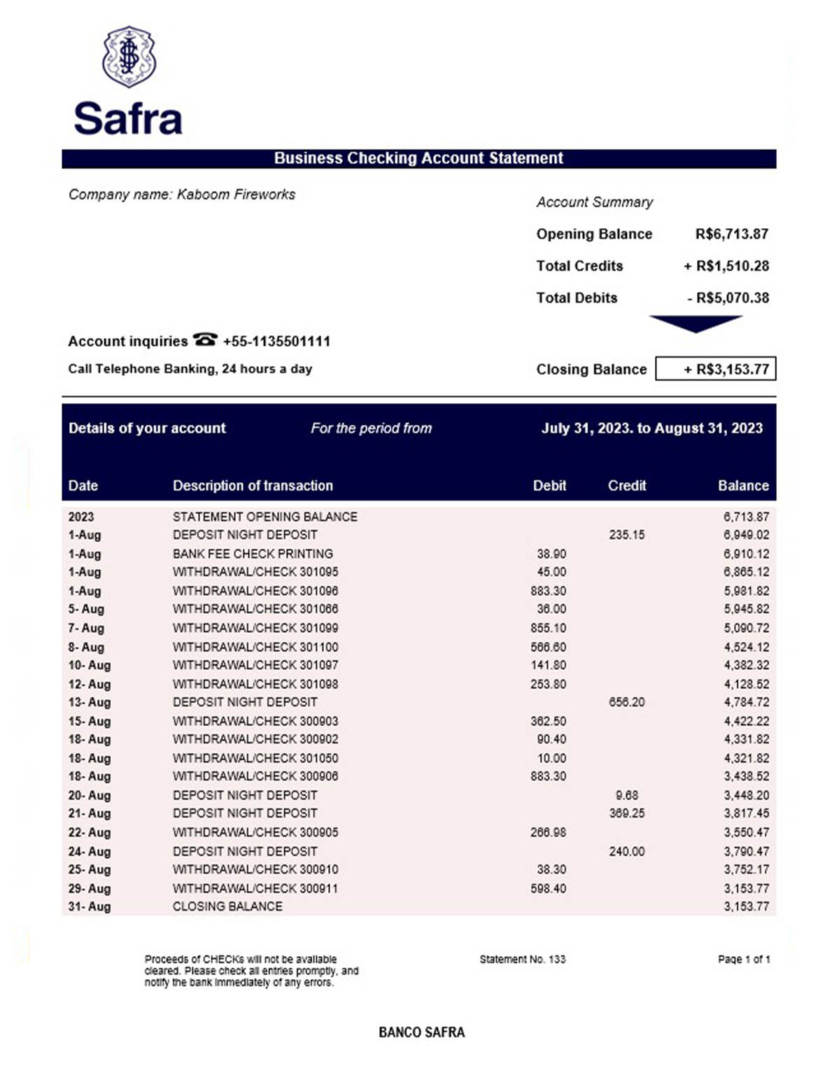 Banco Safra business statement Word and PDF template download template